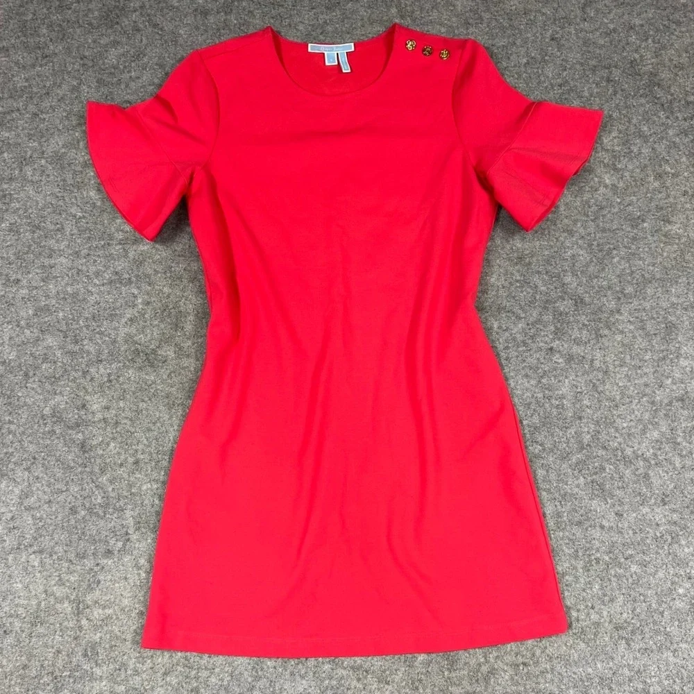 Draper James Bright Pinkish Red Short Sleeve Shift Dress Gold Button Detail SM